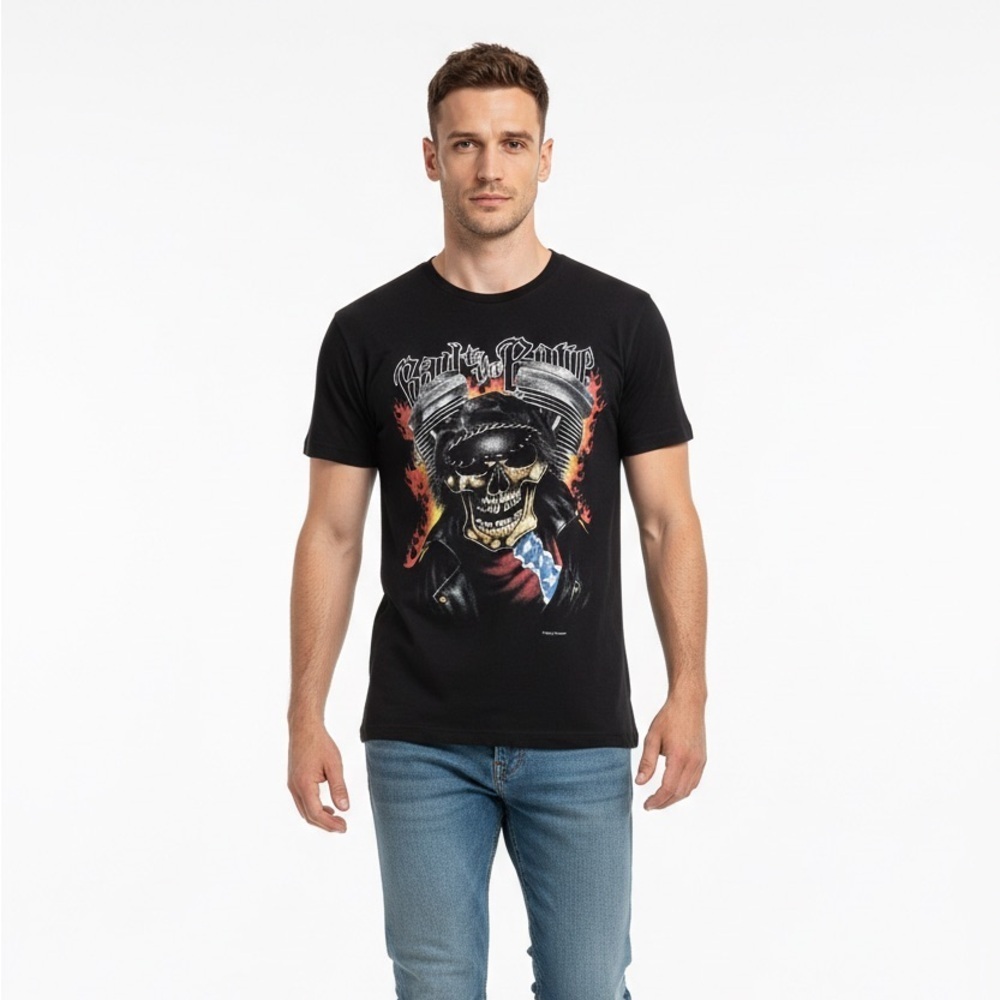 VTG Mens Large “BAD TO THE BONE” Skull Skeleton Motorcycle Biker Shirt Faded